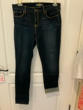 Lucky Brand Dark Indigo Skinny Jeans SZ 12/31 Copper Color Stitching